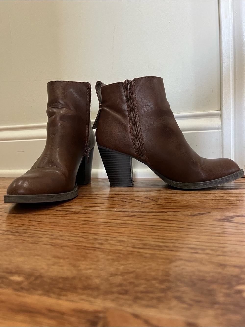 Women's Brown Leather Ankle Booties with Block Heel